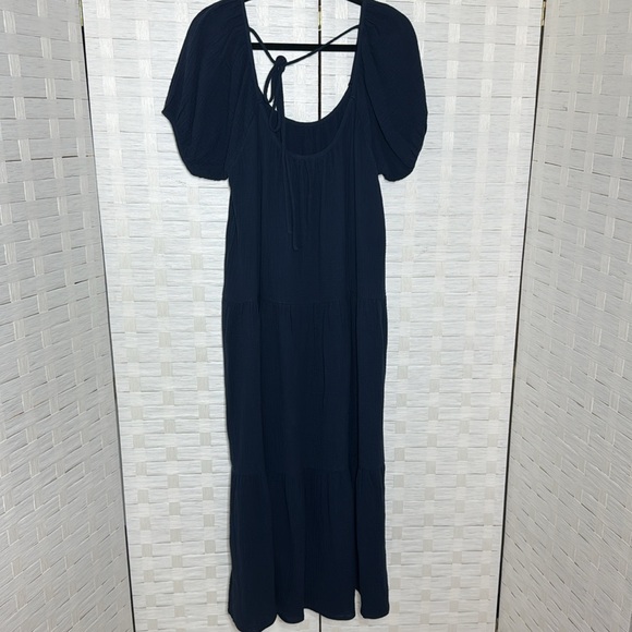 Socialite Navy Bubble Sleeve Gauze Type Tiered Maxi Dress Size Large w/Back Tie - Picture 6 of 10